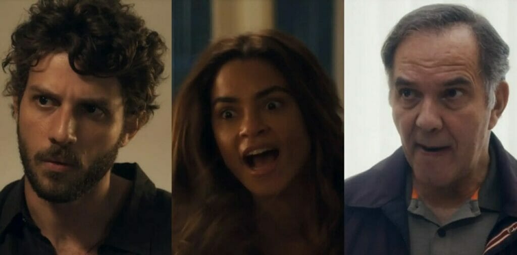 Ari (Chay Suede), Brisa (Lucy Alves) e Guerra (Humberto Martins) de Travessia