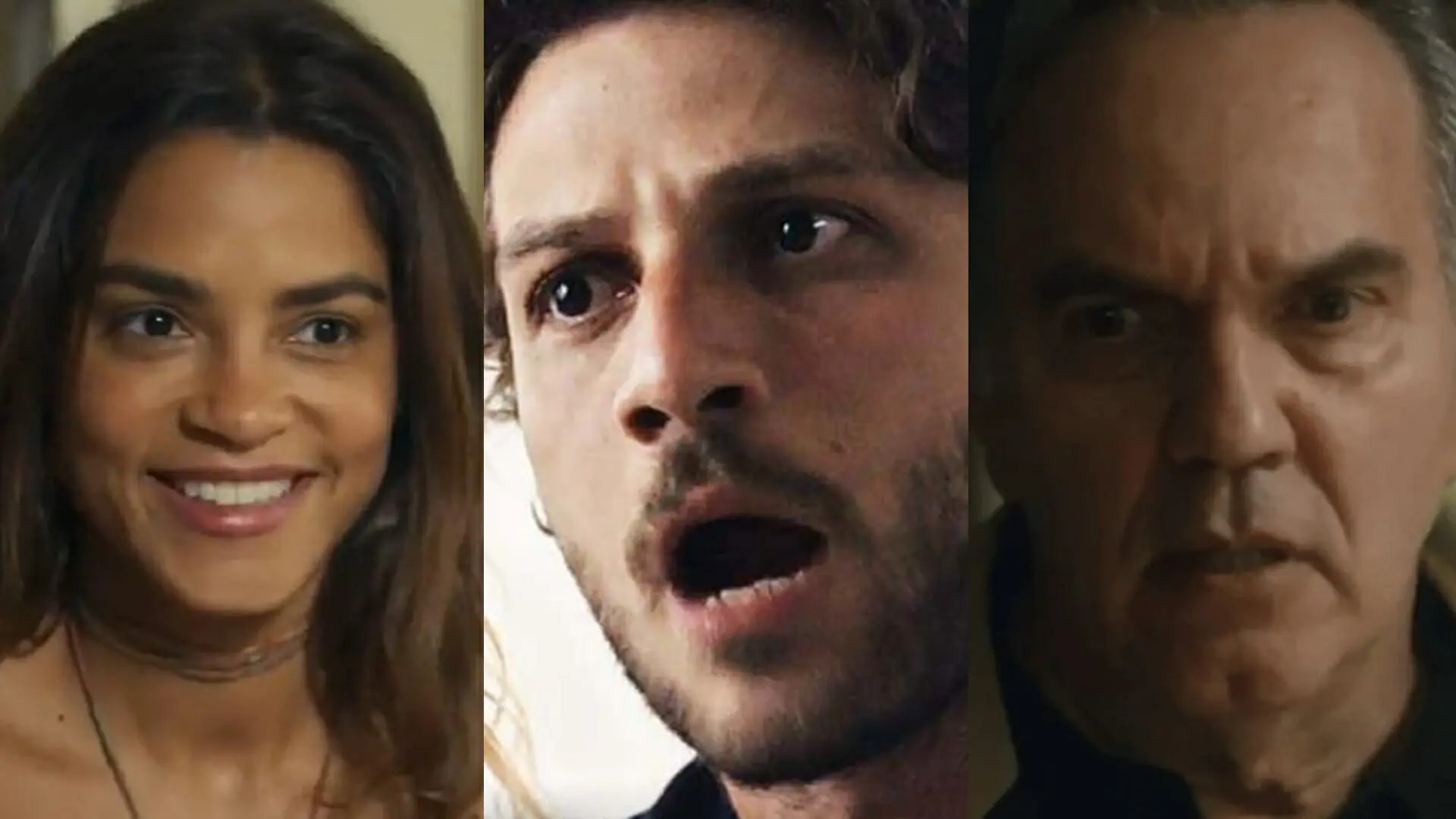 Brisa (Lucy Alves), Ari (Chay Suede) e Guerra (Humberto Martins) de Travessia