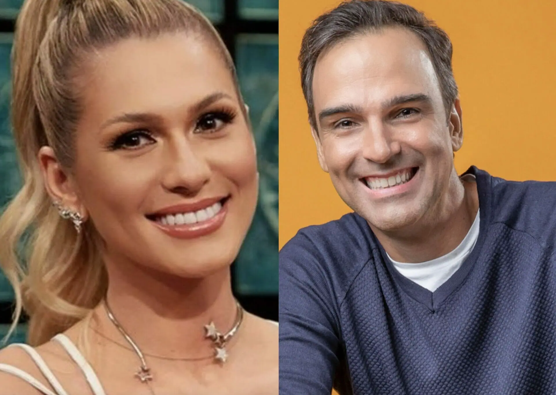 Lívia Andradde e Tadeu Schmidt nos bastidores da TV Globo