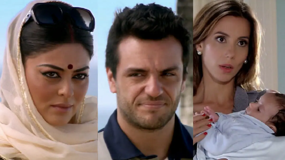 Maya (Juliana Paes), Raj (Rodrigo Lombardi) e Duda (Tânia Khalil) em Caminho das Índias