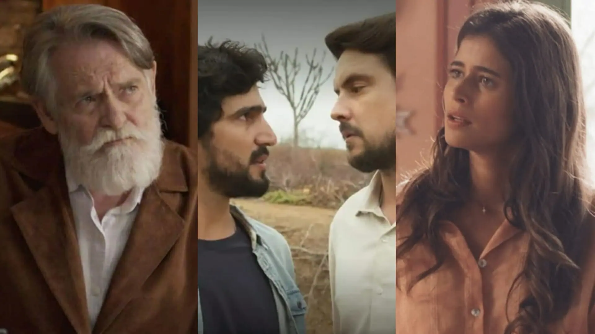 Tertúlio (José de Abreu), Tertulinho (Renato Góes), Zé Paulino (Sergio Guizé) e Candoca (Isadora Cruz) de Mar do Sertão
