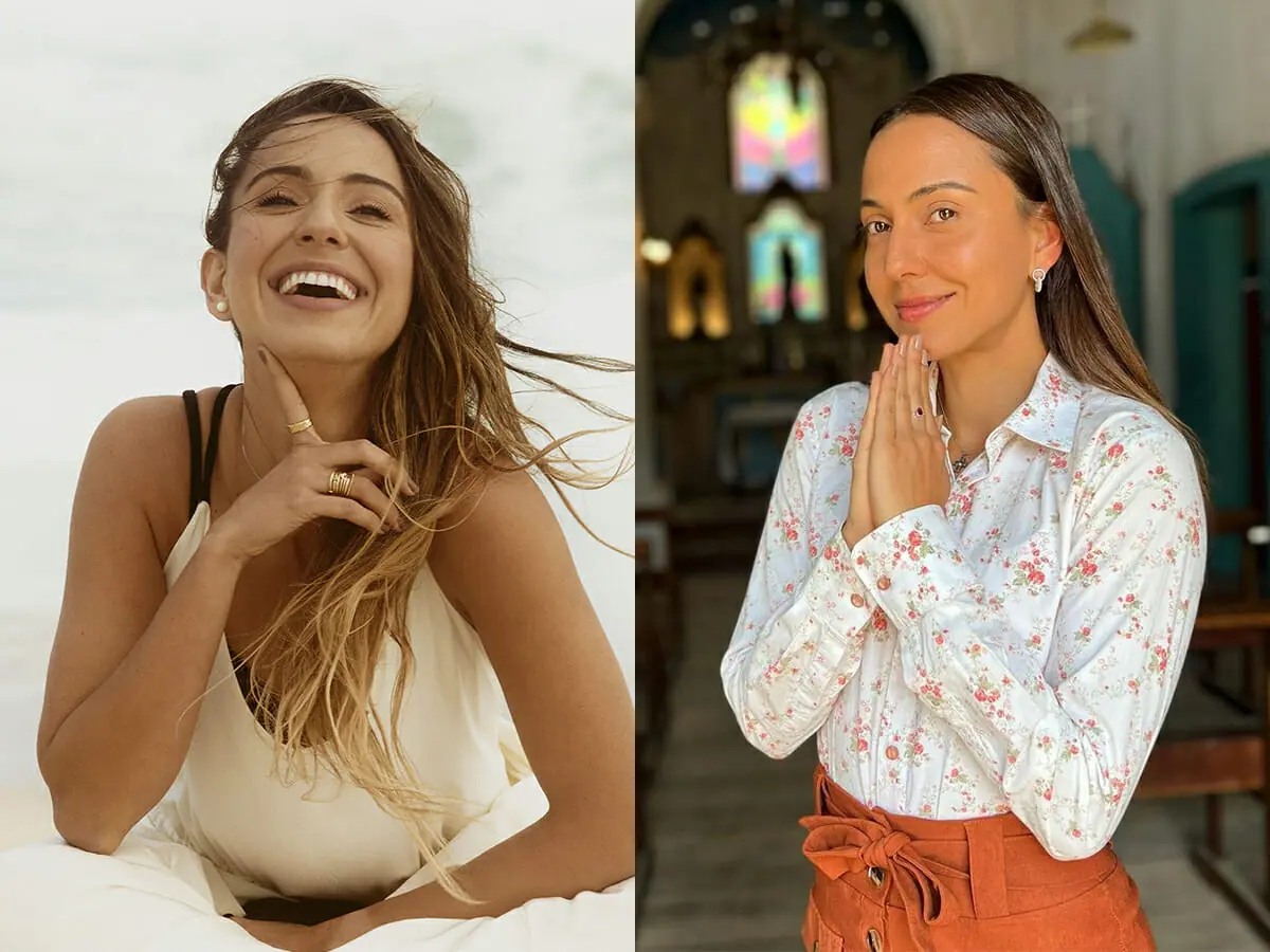 A atriz Julia Mendes e a beata Anita, sua personagem na novela Mar do Sertão