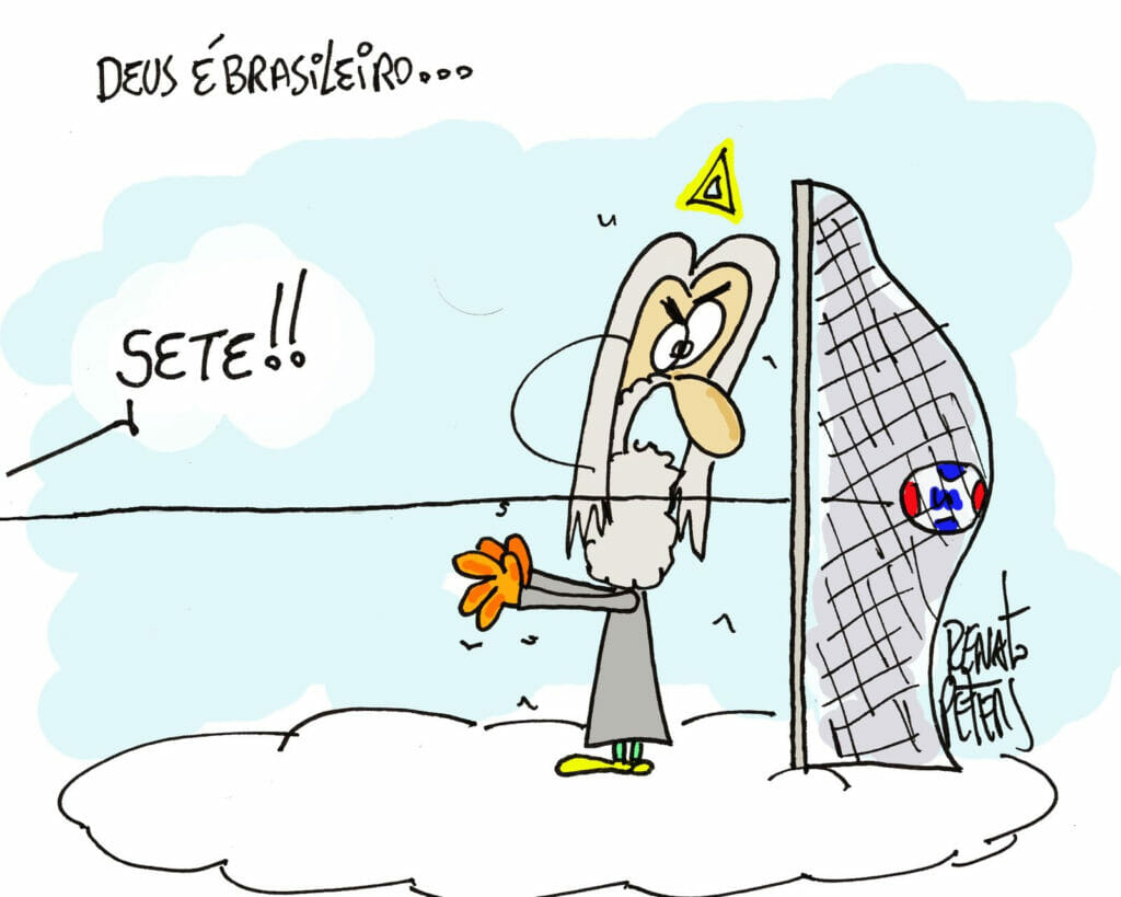 Charge "Deus É Brasileiro", de Renato Peters
