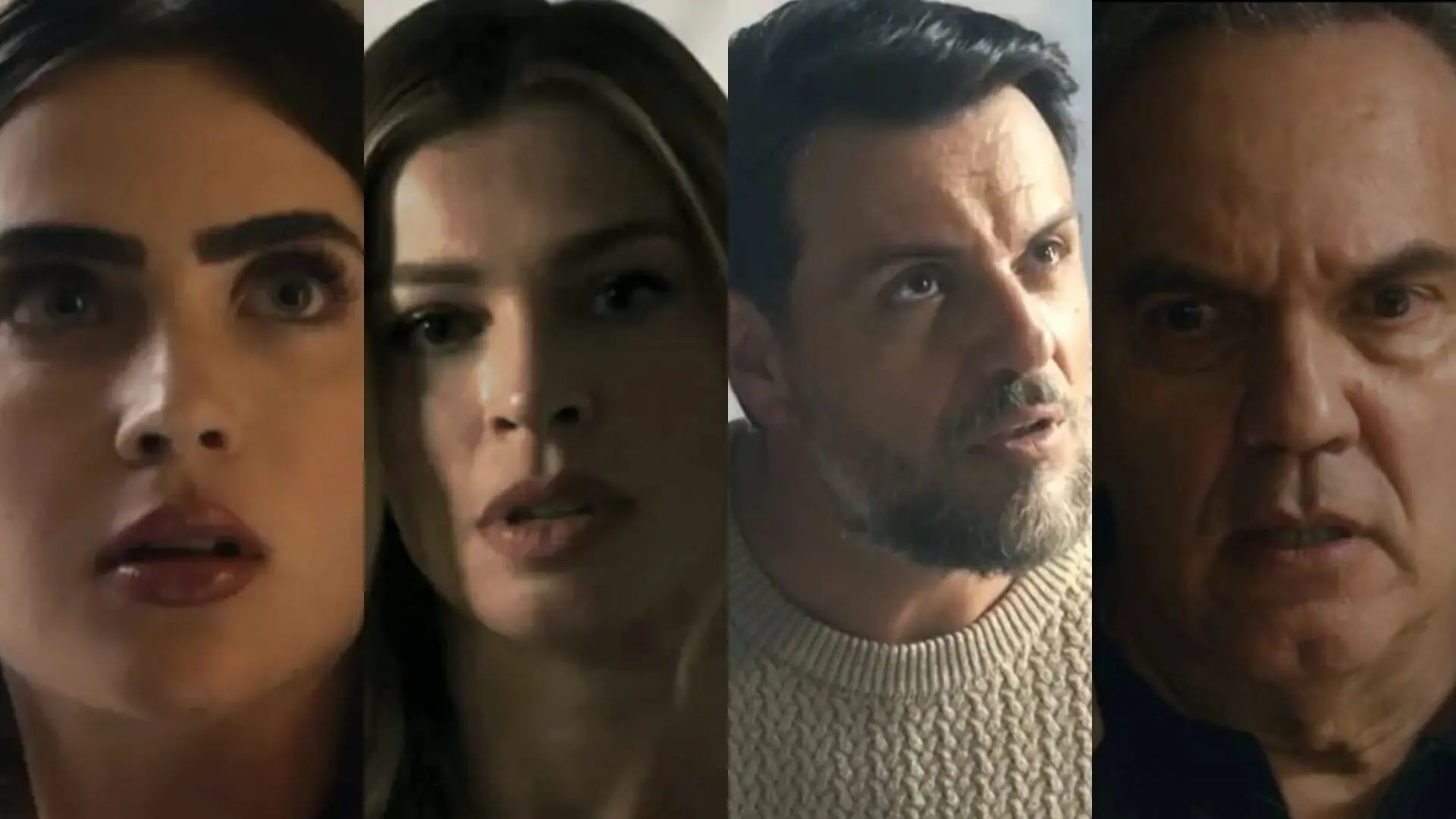 Chiara (Jade Picon), Débora (Grazi Massafera), Moretti (Rodrigo Lombardi) e Guerra (Humberto Martins) de Travessia
