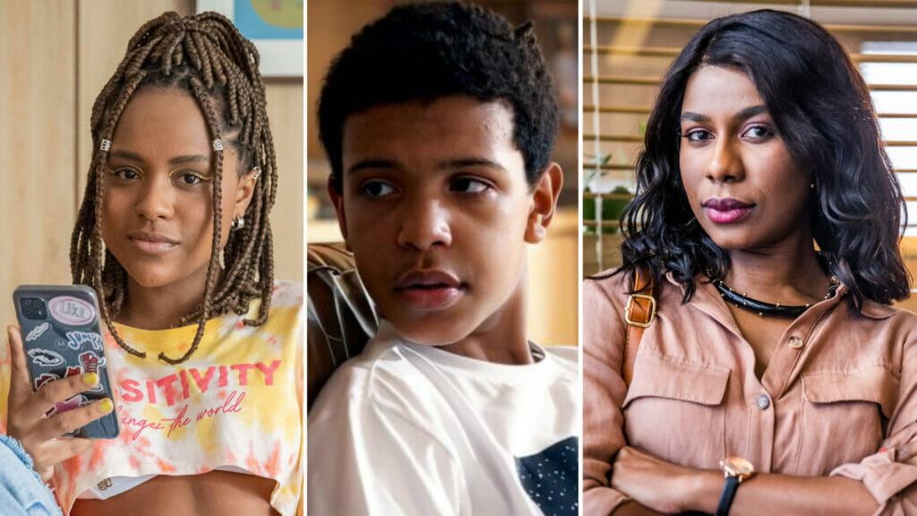 Isa (Duda Santos), Theo (Ricardo Silva) e Laís (Indira Nascimento) em Travessia