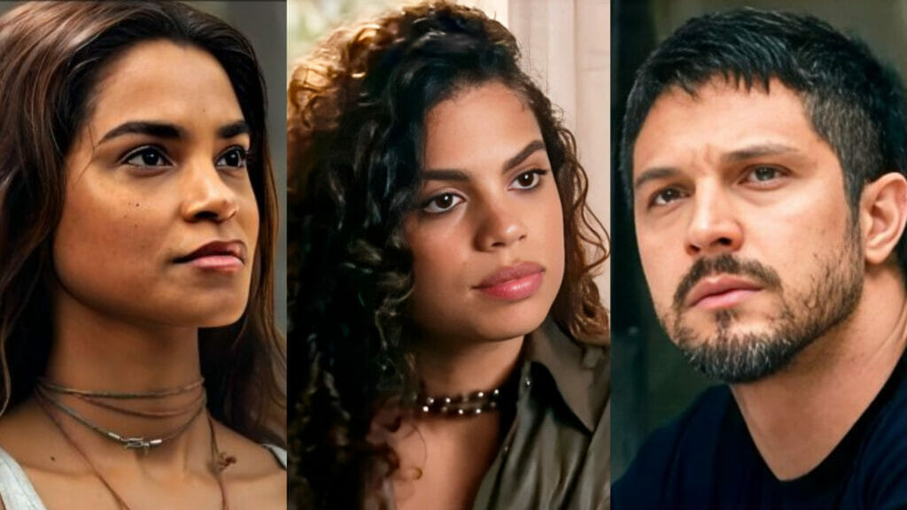 Brisa (Lucy Alves), Bia (Clara Buarque) e Oto (Rômulo Estrela) em Travessia