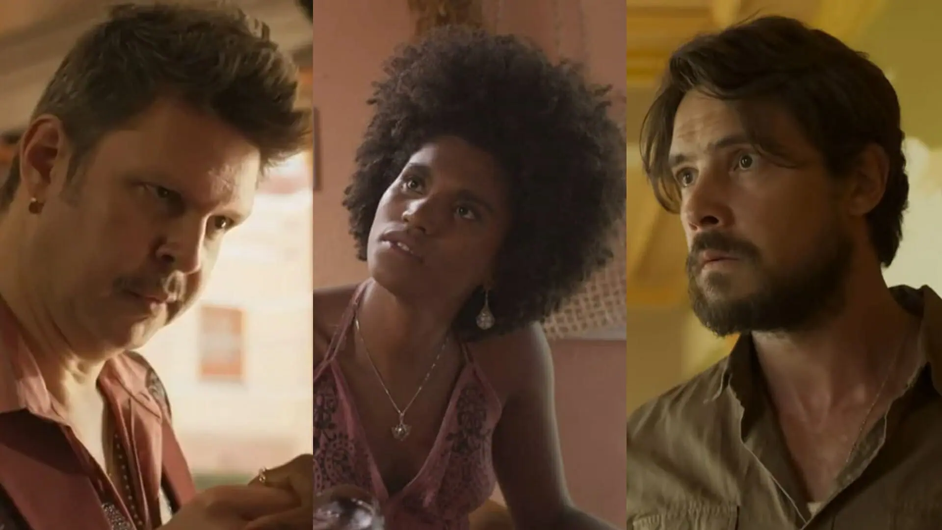 Fubá Mimoso (Marco França), Lorena (Mariana Sena) e Zé Paulino (Sergio Guizé) de Mar do Sertão