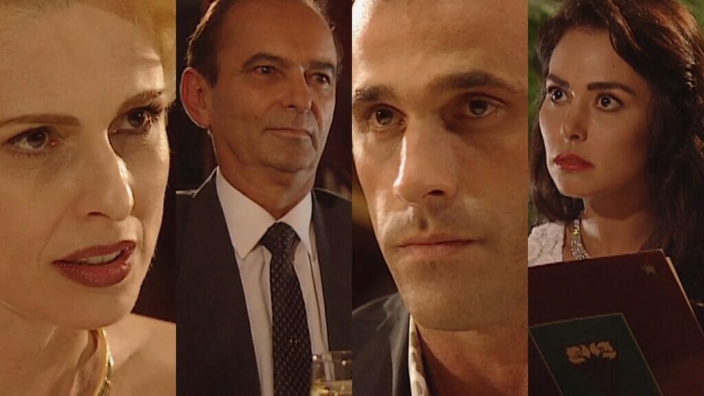 Léia (Silvia Pfeifer), Orestes (Luiz Parreiras), Ralf (Oscar Magrini) e Suzane (Leila Lopes) de O Rei do Gado