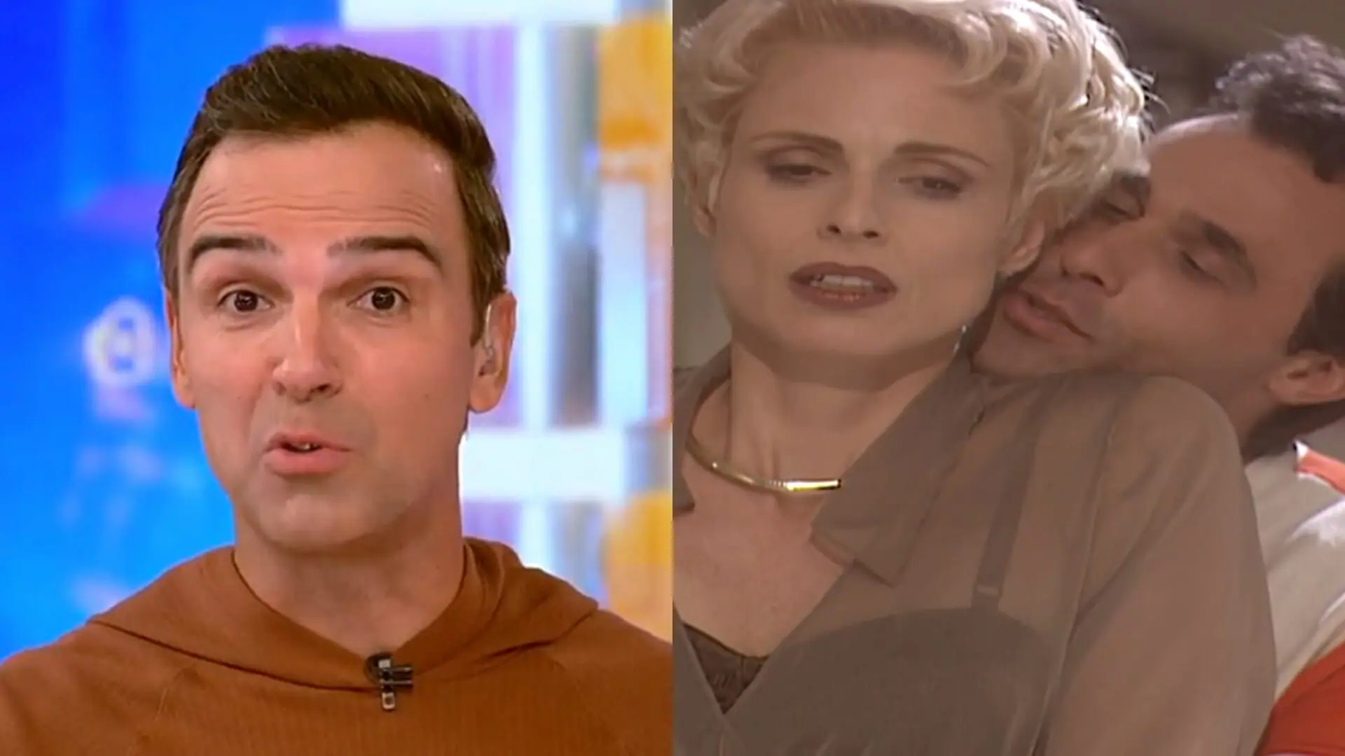 Tadeu Schmidt no BBB23 e Léia (Silvia Pfeiffer) e Ralf (Oscar Magrini) de O Rei do Gado
