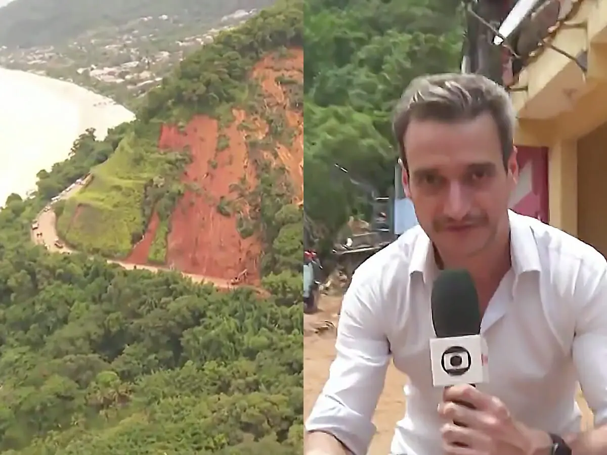Tiago Scheuer, repórter da Globo, pegou carona em voo da PRF (Polícia Rodoviária Federal) para mostrar deslizamentos de terra no litoral norte de São Paulo