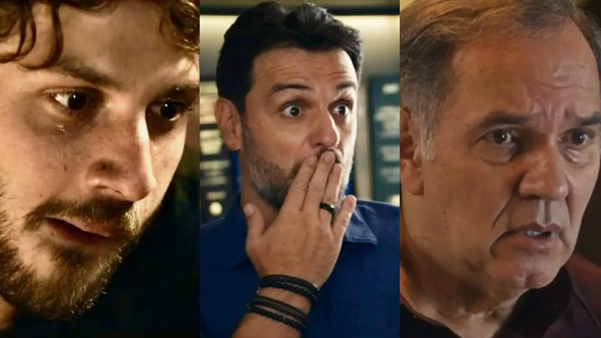 Ari (Chay Suede), Moretti (Rodrigo Lombardi) e Guerra (Humberto Martins) de Travessia