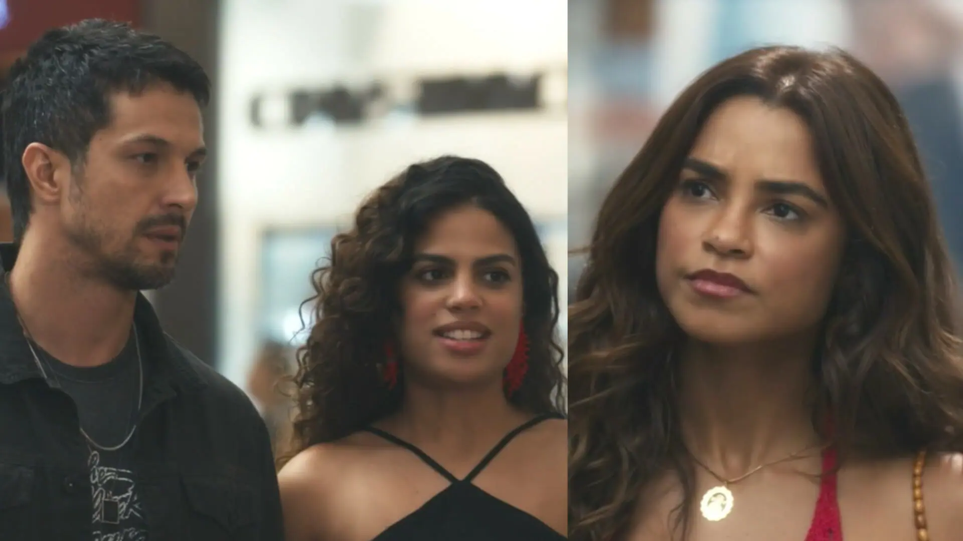 Brisa (Lucy Alves), Bia (Clara Buarque) e Oto (Rômulo Estrela) em Travessia