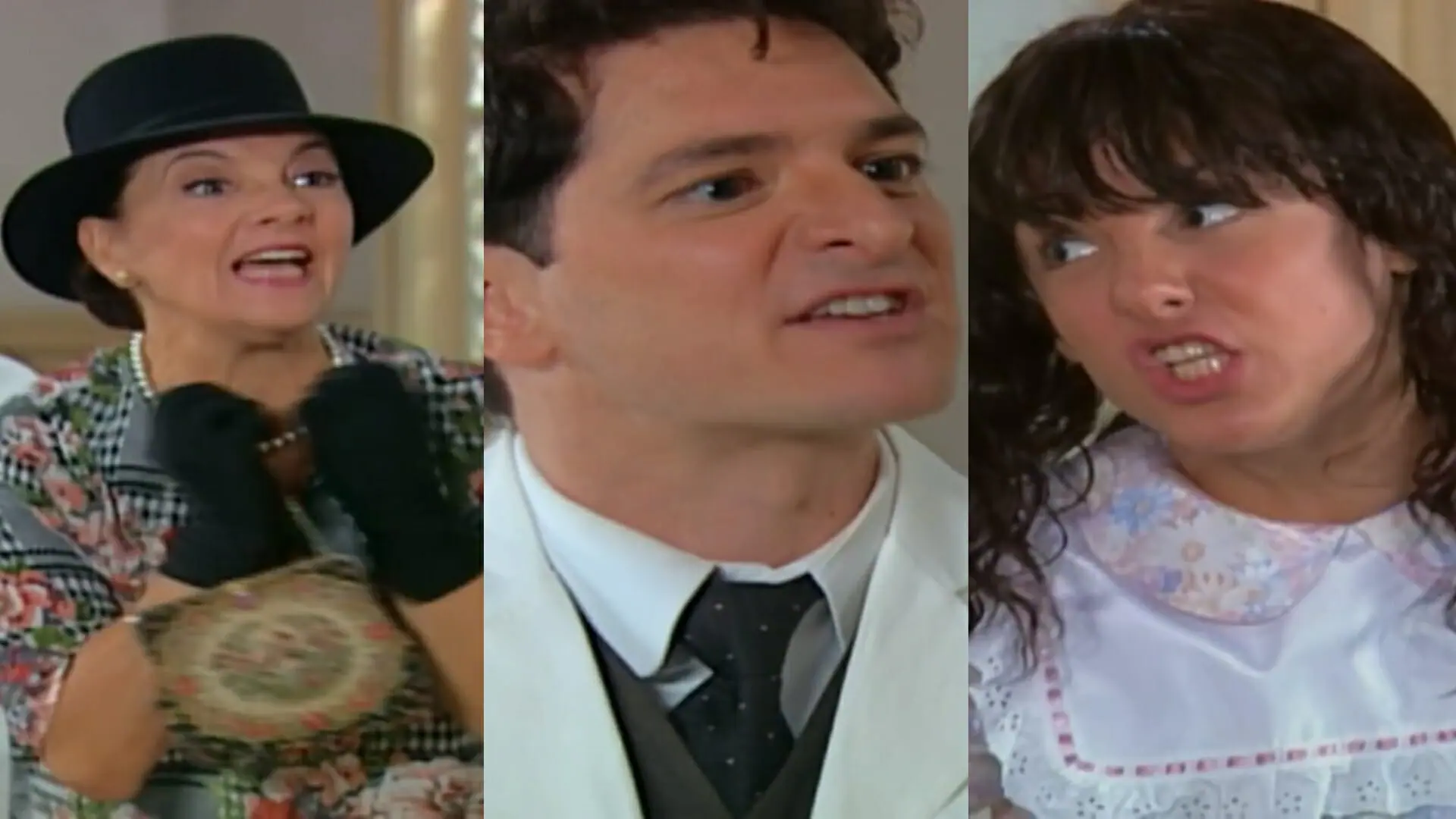 Dona Mocinha (Denise Del Vecchio), Paulo (Guilherme Piva) e Bernadete (Kayky Brito) de Chocolate com Pimenta