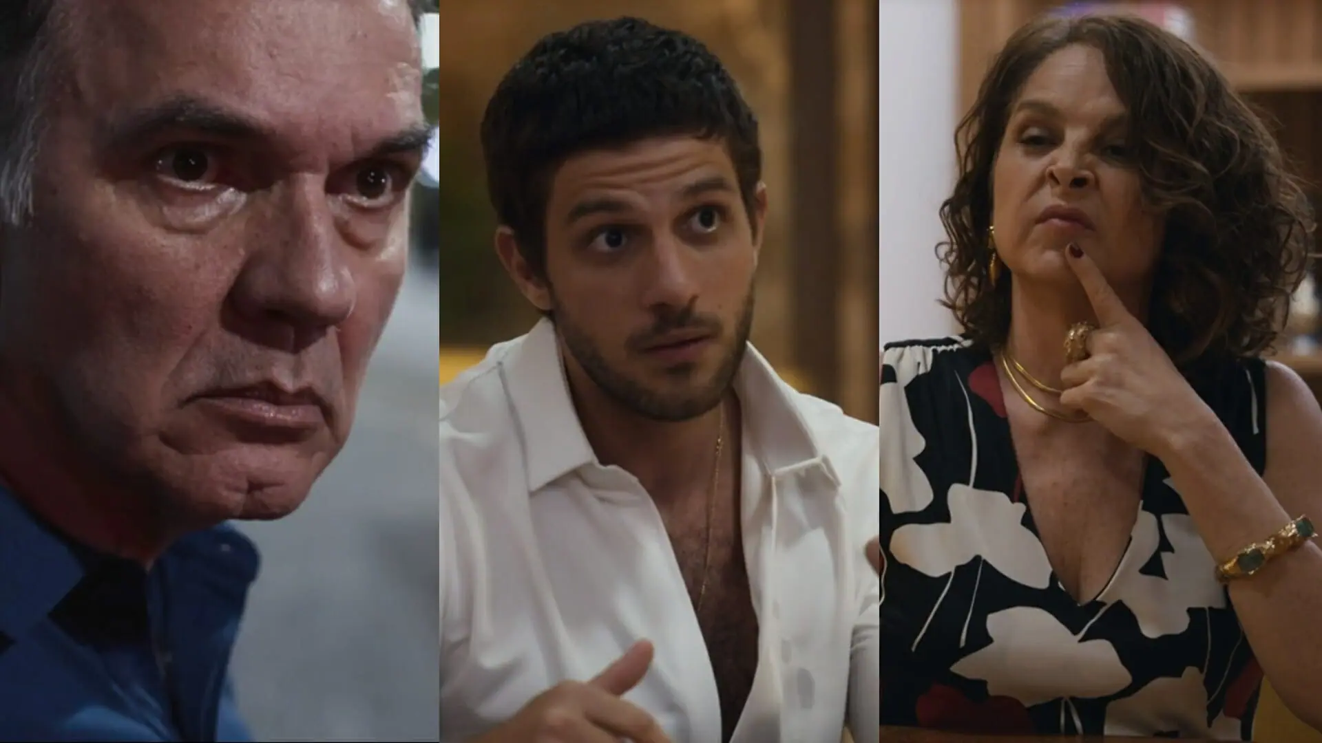 Guerra (Humberto Martins), Ari (Chay Suede) e Núbia (Drica Moraes) de Travessia