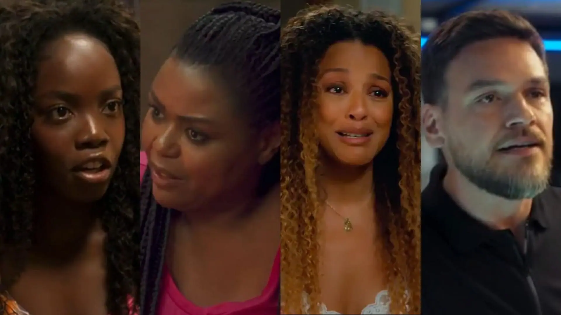 Kate (Clara Moneke), Bruna (Carla Cristina Cardoso), Sol (Sheron Menezzes) e Theo (Emílio Dantas) de Vai na Fé