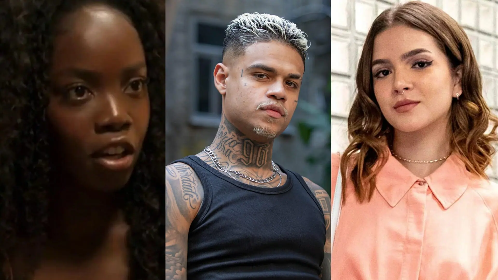 Kate (Clara Moneke), Hugo (MC Cabelinho) e Guiga (Mel Maia) de Vai na Fé