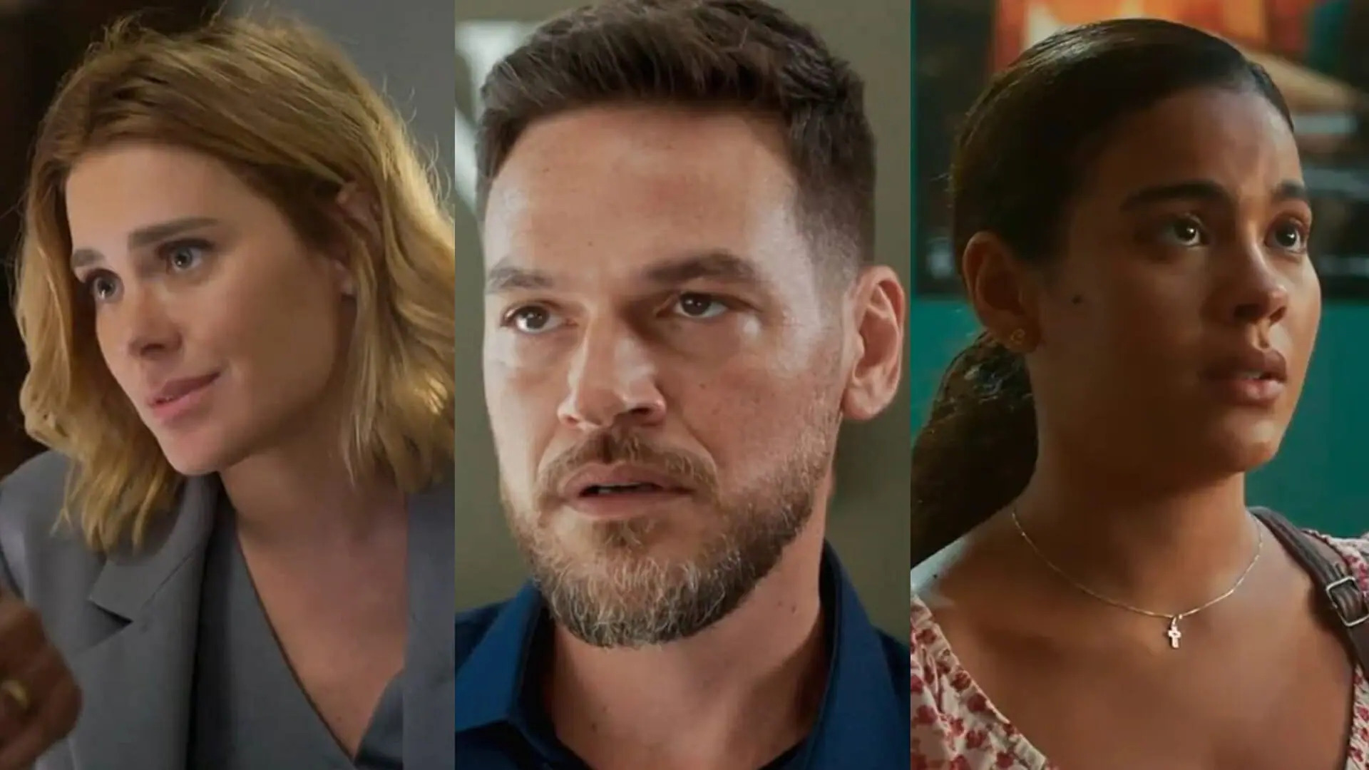Lumiar (Carolina Dieckmann), Theo (Emílio Dantas) e Jenifer (Bella Campos) de Vai na Fé