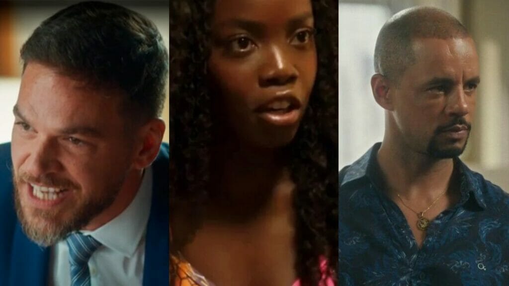 Theo (Emílio Dantas), Kate (Clara Moneke) e Orfeu (Jonathan Haagensen)