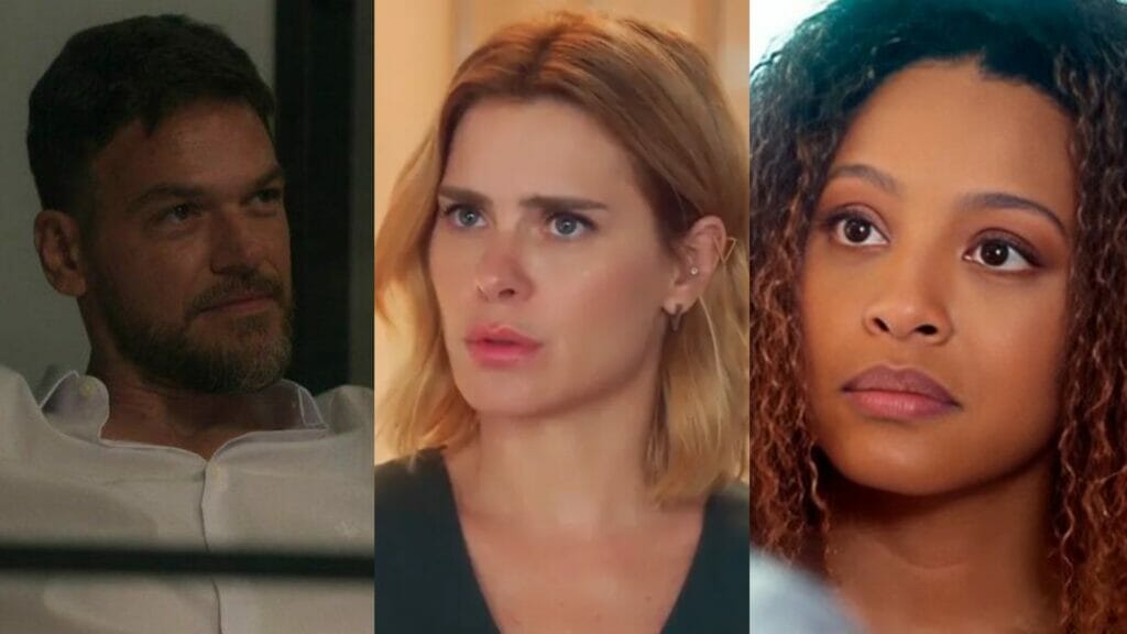 Theo (Emílio Dantas), Lumiar (Carolina Dieckmann) e Sol (Sheron Menezzes) de Vai na Fé