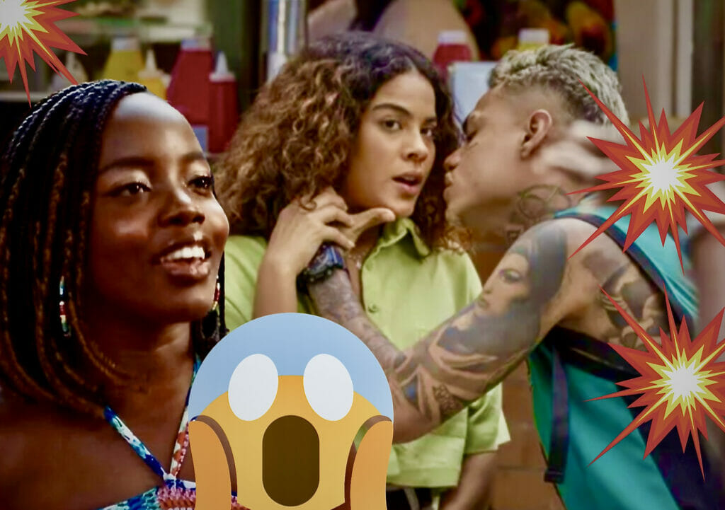 Kate (Clara Moneke), Jenifer (Bella Campos) e Hugo (MC Cabelinho) em Vai na Fé