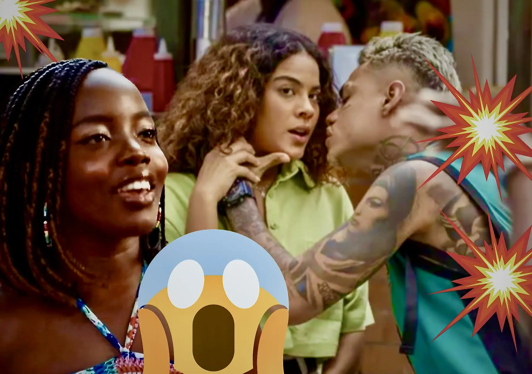 Kate (Clara Moneke), Jenifer (Bella Campos) e Hugo (MC Cabelinho) em Vai na Fé