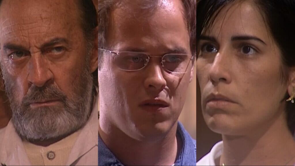 Geremias (Raul Cortez), Tavinho (Guilherme Fontes) e Rafaela (Gloria Pires) de O Rei do Gado