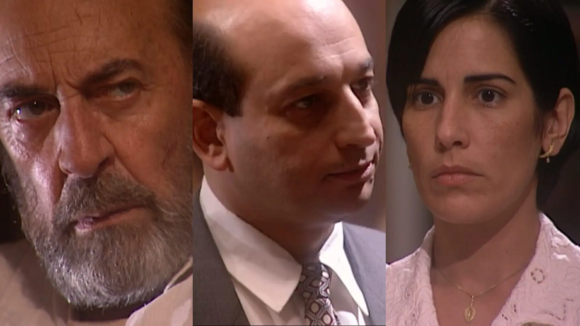 Geremias (Raul Cortez), Valdir (Tadeu di Pietro) e Rafaela (Gloria Pires) de O Rei do Gado