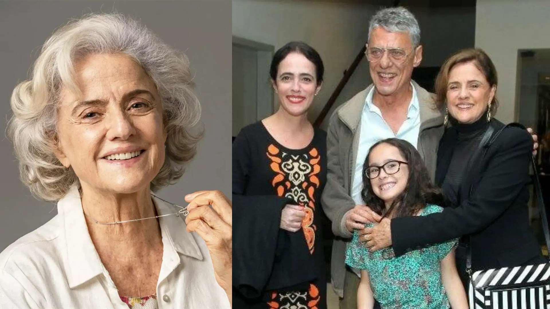 Marieta Severo em foto recente; ao lado com a filha Silvia Buarque, o ex-marido Chico Buarque e a neta Irene