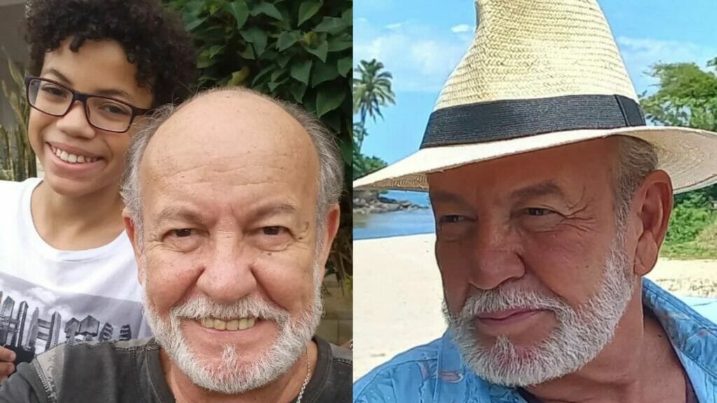 O ator César Pezzuoli com seu filho; e ao lado em foto recente