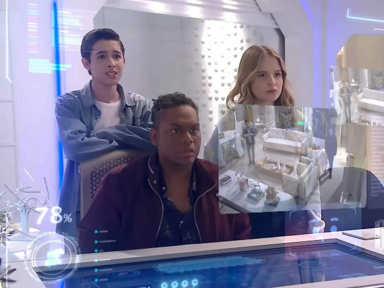 Pinóquio (João Pedro Delfino), Jefferson (Vítor Britto) e Poliana (Sophia Valverde) em Poliana Moça