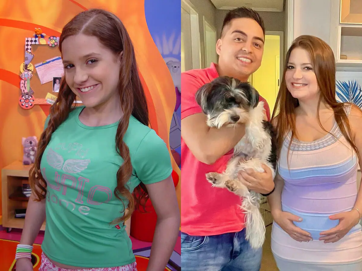 Jéssica Esteves no Bom Dia & Cia, em 2004, e ao lado do marido, Daniel Rodrigues, atualmente