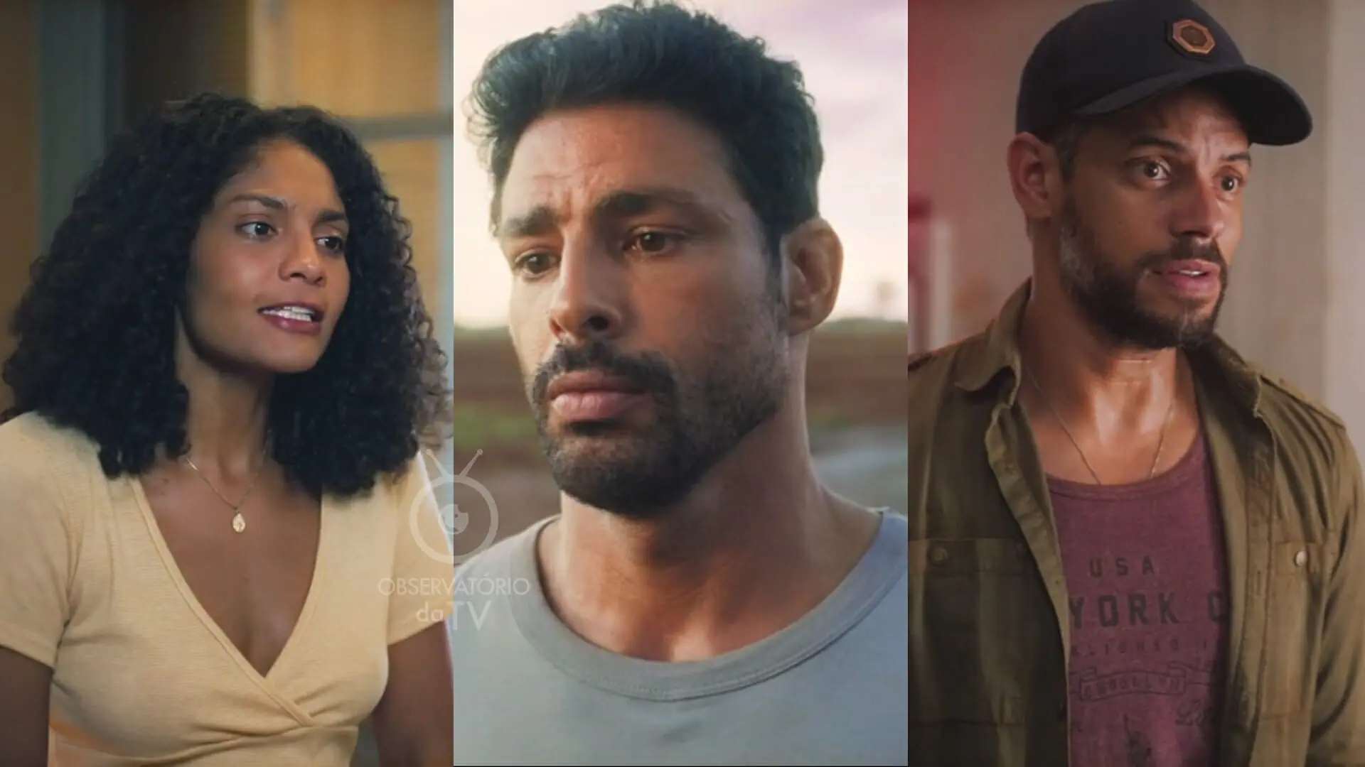 Aline (Bárbara Reis), Caio (Cauã Reymond) e Jonatas (Paulo Lessa) de Terra e Paixão