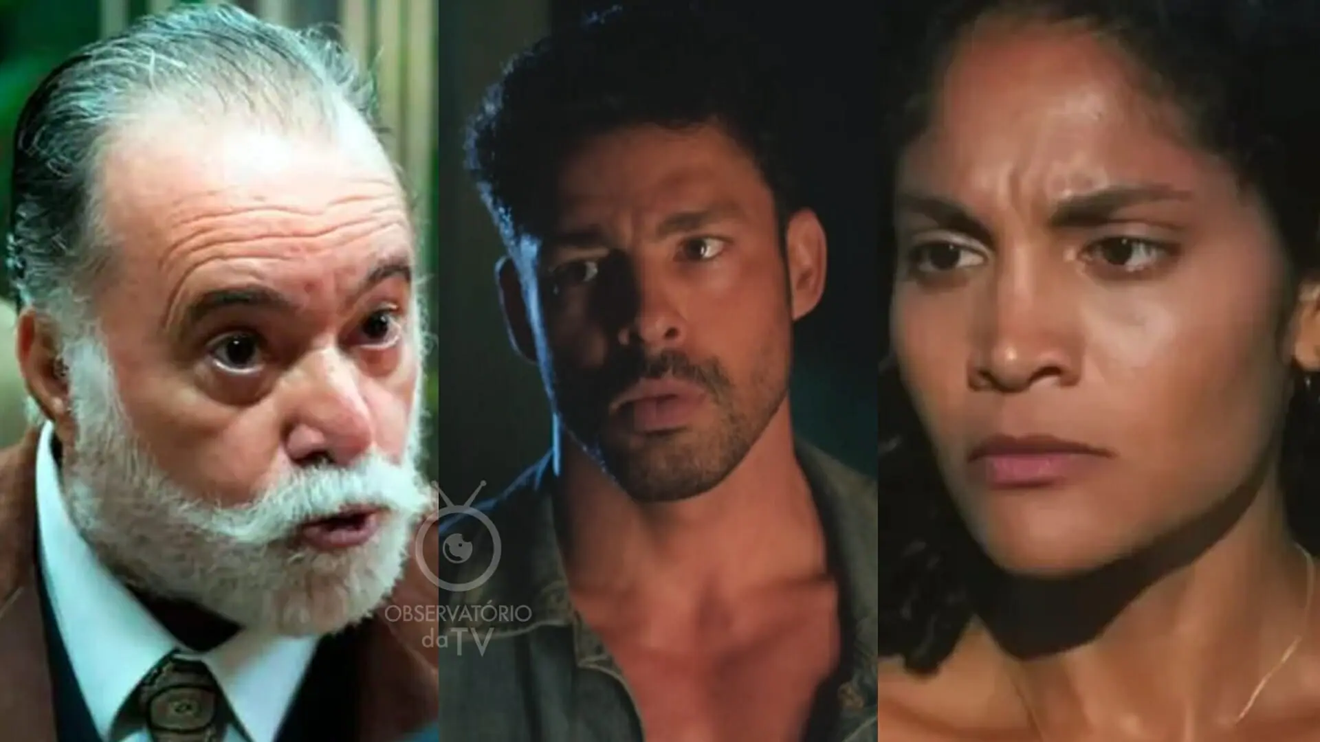 Antônio (Tony Ramos), Caio (Cauã Reymond) e Aline (Bárbara Reis) de Terra e Paixão