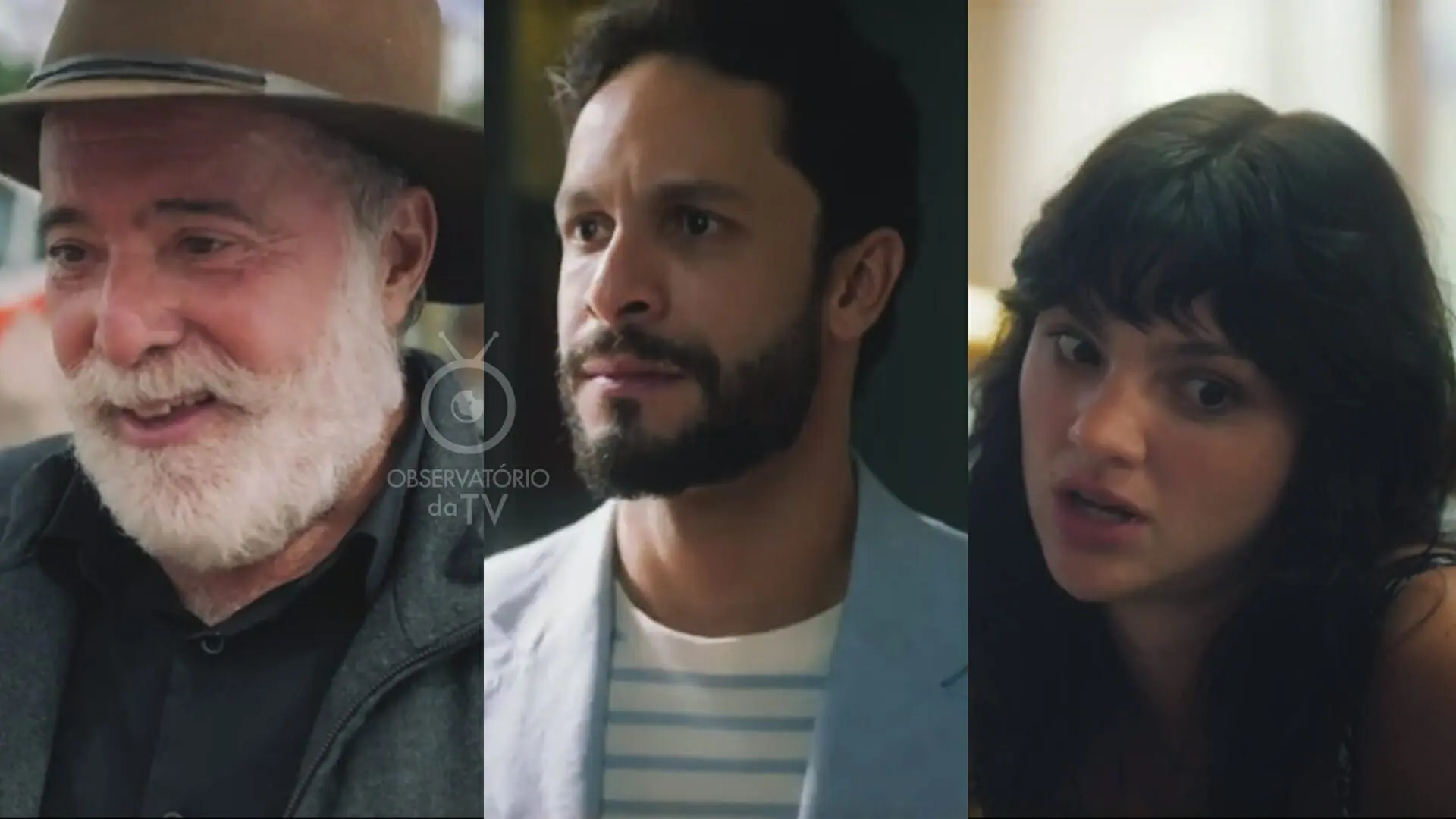 Antônio (Tony Ramos), Luigi (Rainer Cadete) e Petra (Debora Ozório) de Terra e Paixão