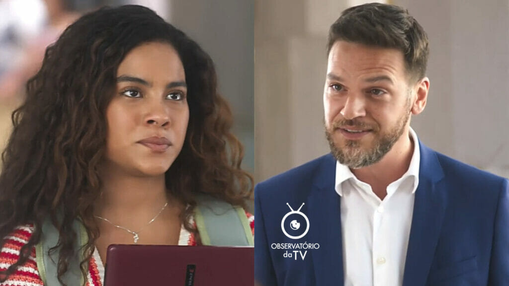 Jenifer (Bella Campos) e Theo (Emílio Dantas) em Vai na Fé