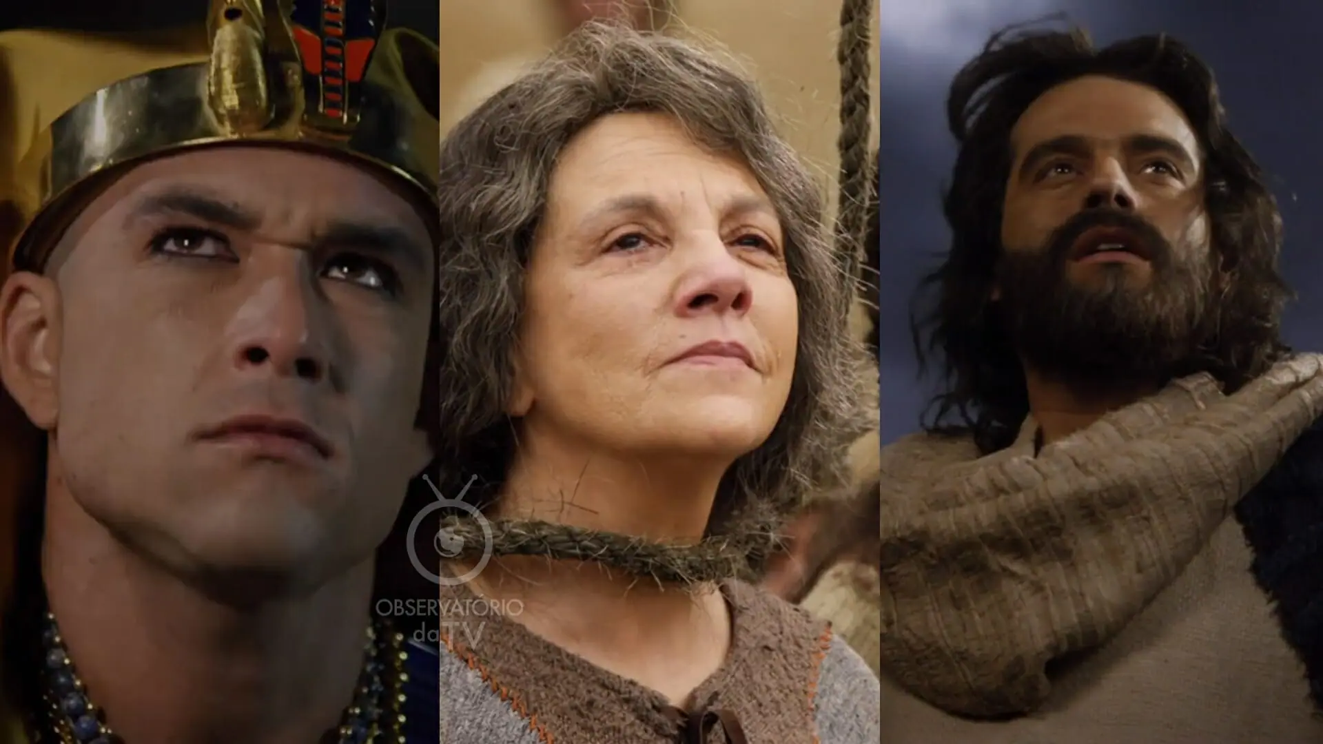 Ramsés (Sergio Marone), Joquebede (Denise Del Vecchio) e Moisés (Guilherme Winter) de Os Dez Mandamentos