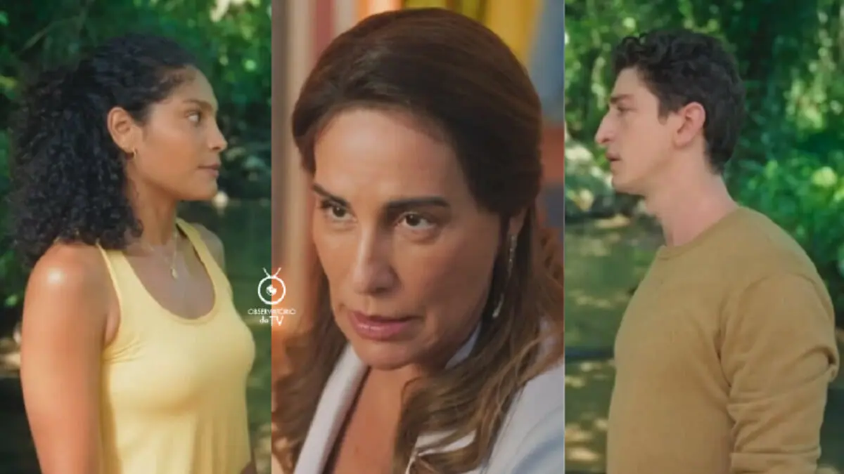 Aline (Bárbara Reis), Irene (Gloria Pires) e Daniel (Johnny Massaro) de Terra e Paixão
