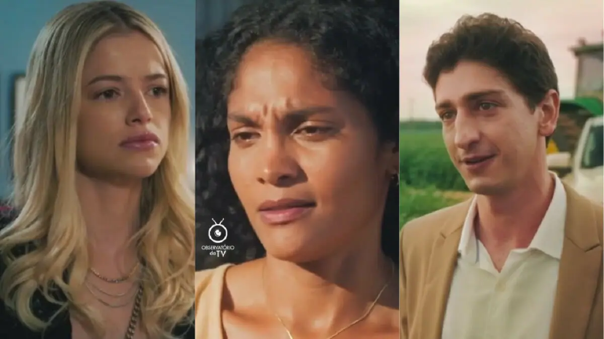 Graça (Agatha Moreira), Aline (Bárbara Reis) e Daniel (Johnny Massaro) de Terra e Paixão