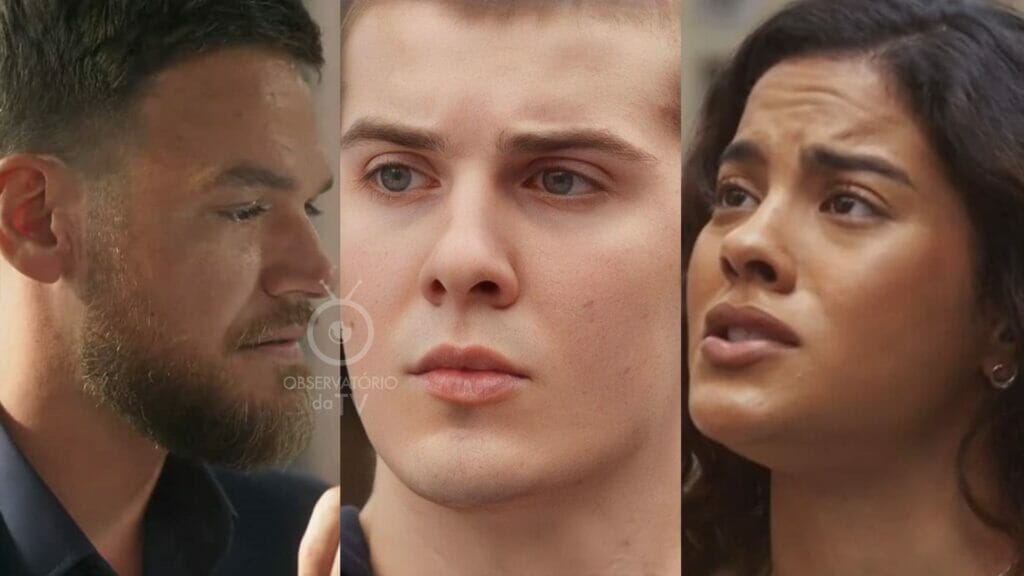 Theo (Emílio Dantas), Rafa (Caio Manhente) e Jenifer (Bella Campos) de Vai na Fé