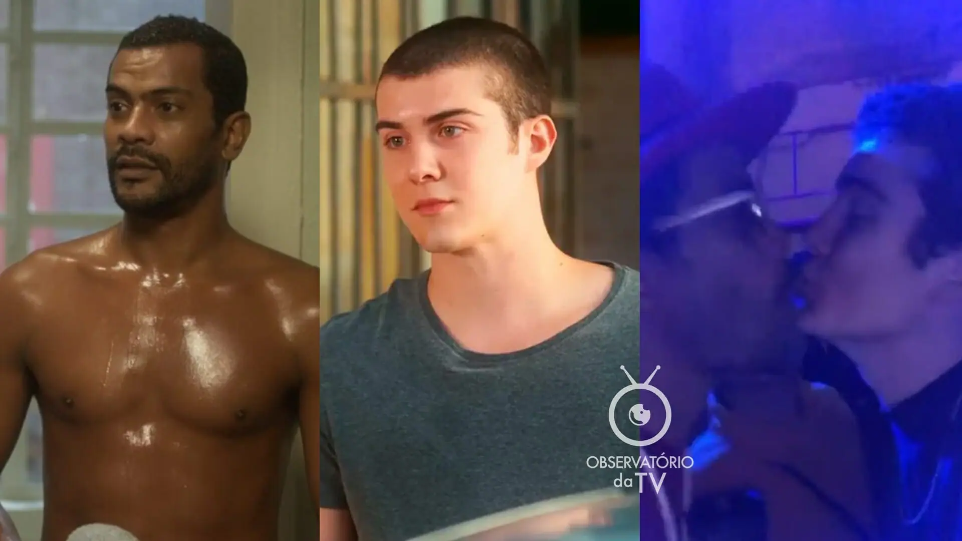 Ben (Samuel de Assis) e Rafa (Caio Manhente) de Vai na Fé e os atores dando selinho