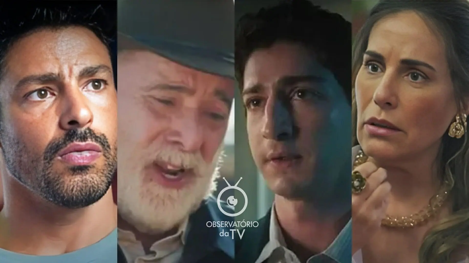 Caio (Cauã Reymond), Antônio (Tony Ramos), Daniel (Johnny Massaro) e Irene (Gloria Pires) de Terra e Paixão