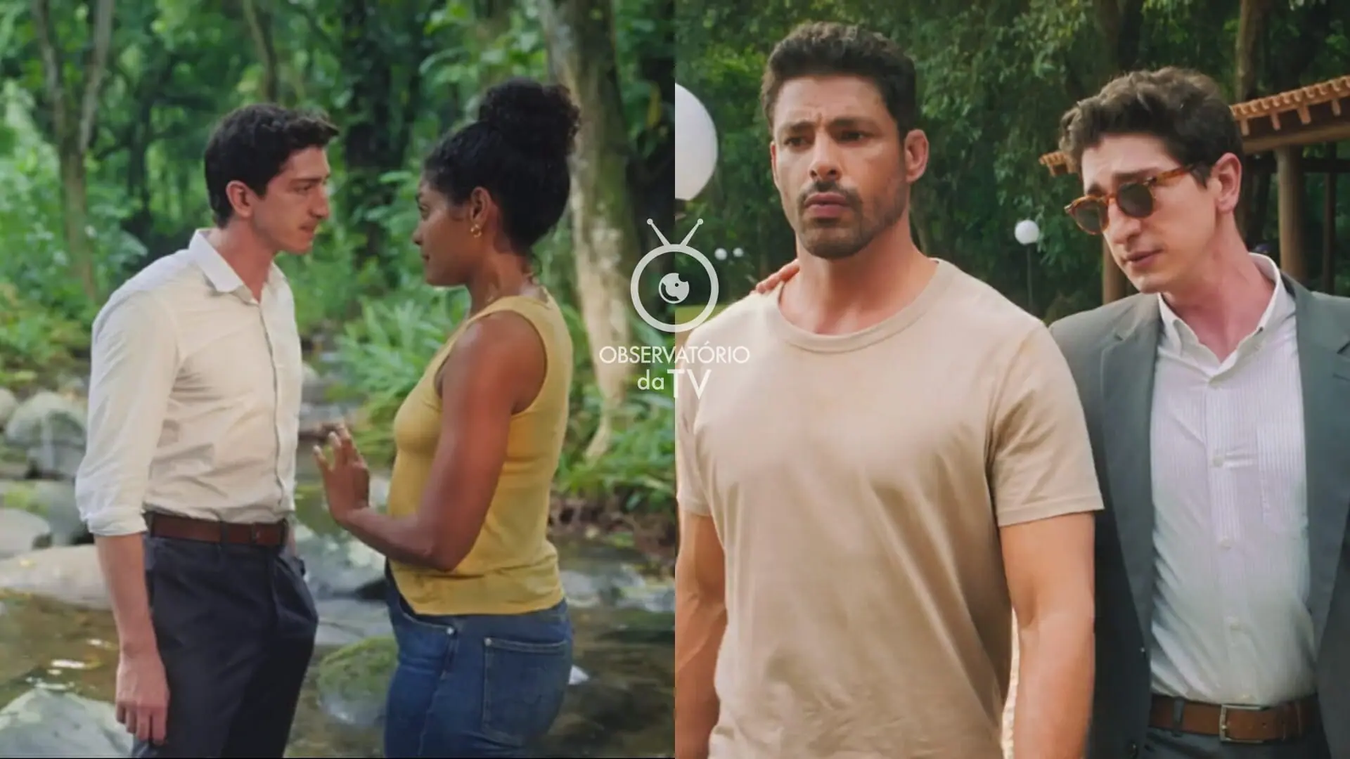 Daniel (Johnny Massaro), Aline (Barbara Reis) e Caio (Cauã Reymond) de Terra e Paixão
