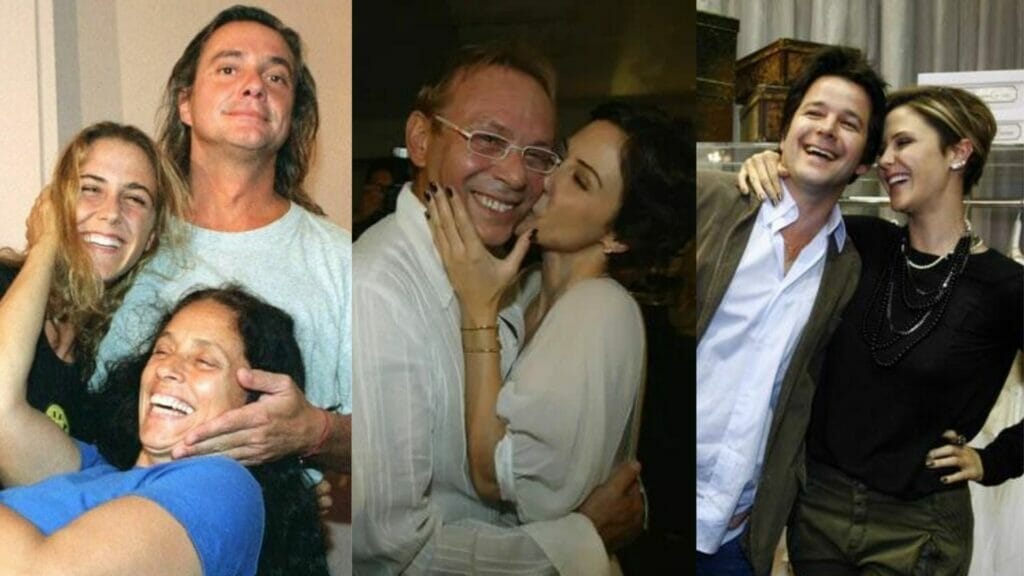 Guilhermina Guinle com Fábio Jr.., seu primeiro marido, e Sônia Braga; ao lado com José Wilker e, por fim, com Murilo Benício