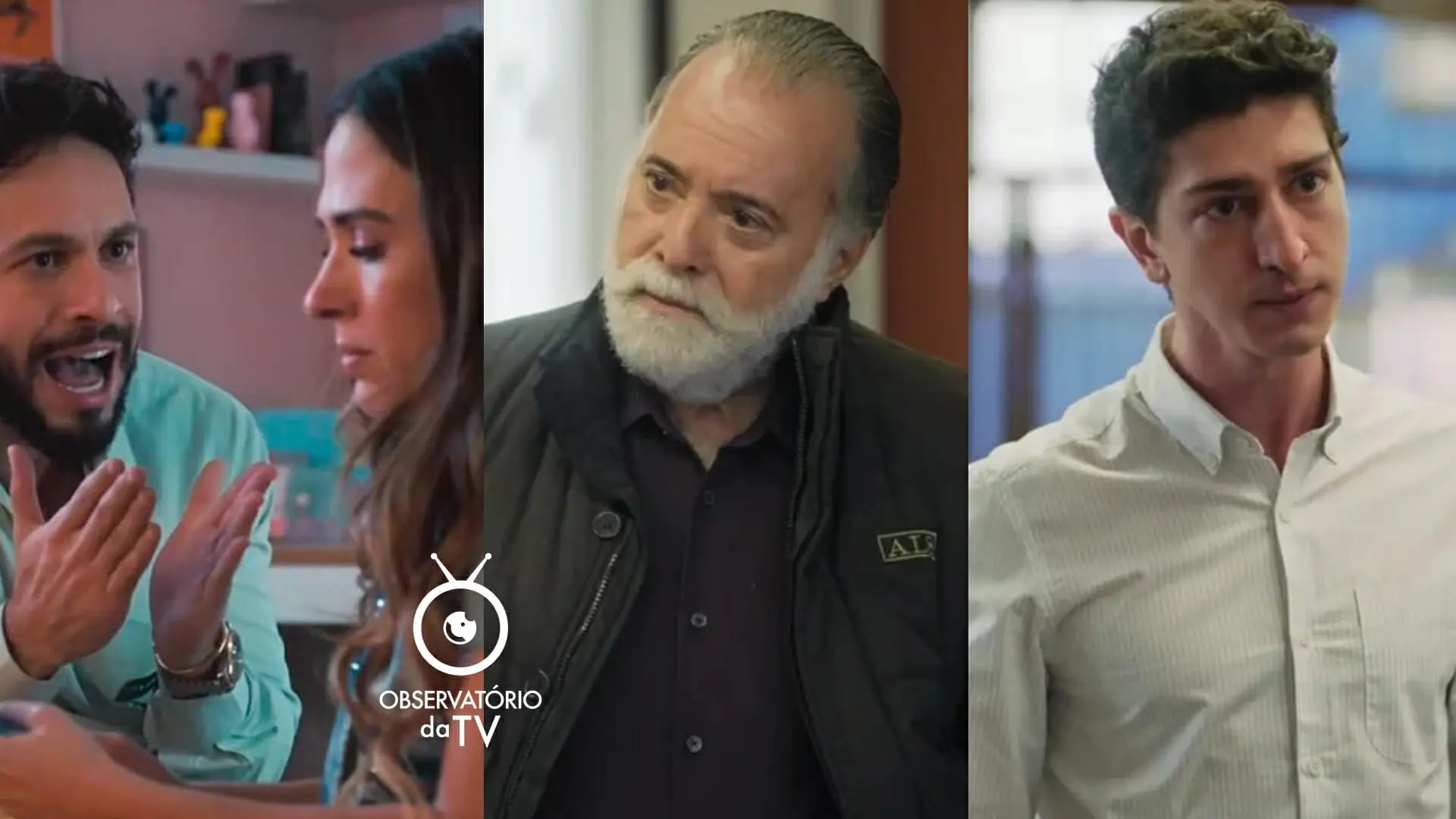 Luigi (Rainer Cadete), Anely (Tatá Werneck), Antônio (Tony Ramos) e Daniel (Johnny Massaro) de Terra e Paixão