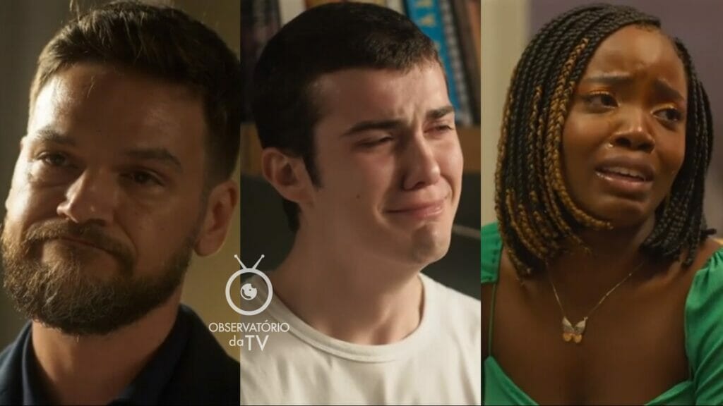 Theo (Emílio Dantas), Rafa (Caio Manhente) e Kate (Clara Moneke) de Vai na Fé
