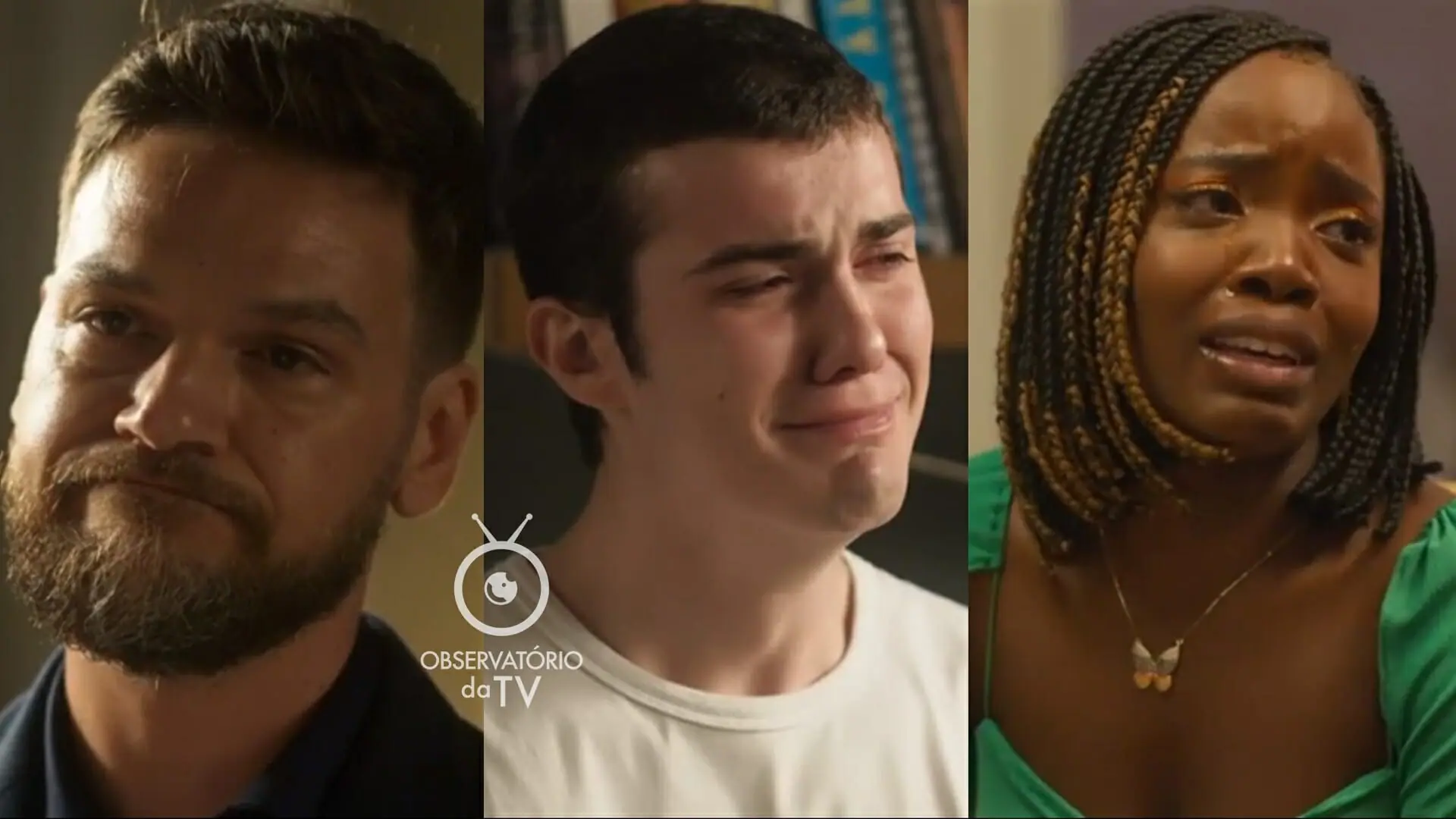 Theo (Emílio Dantas), Rafa (Caio Manhente) e Kate (Clara Moneke) de Vai na Fé