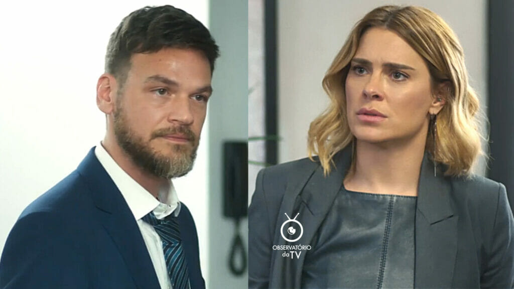 Theo (Emílio Dantas) e Lumiar (Carolina Dieckmann) em Vai na Fé