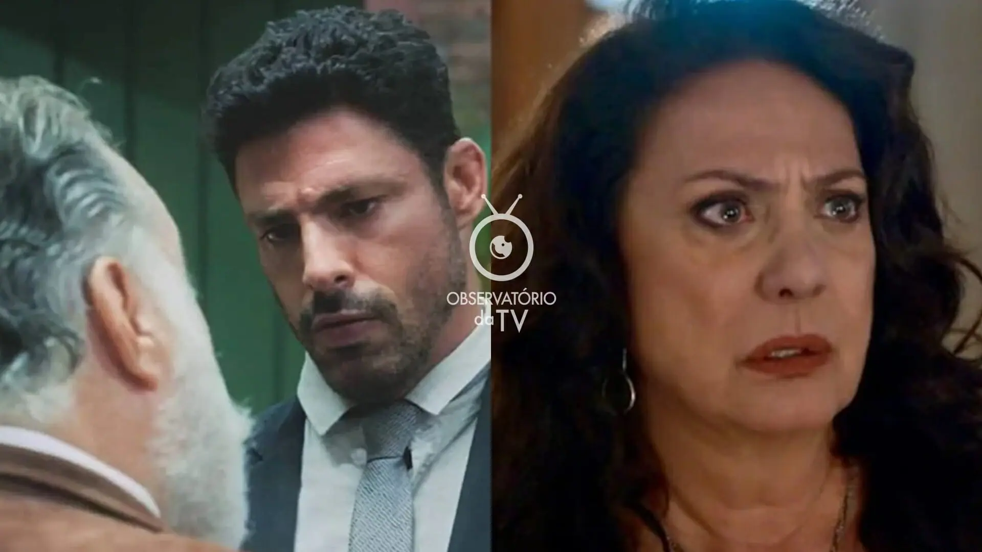 Antônio (Tony Ramos), Caio (Cauã Reymond) e Agatha (Eliane Giardini) de Terra e Paixão