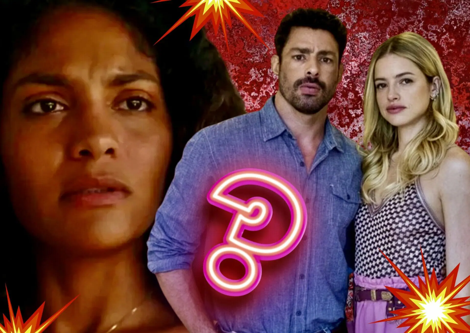 Aline (Barbara Reis), Graça (Agatha Moreira) e Caio (Cauã Reymond) de Terra e Paixão
