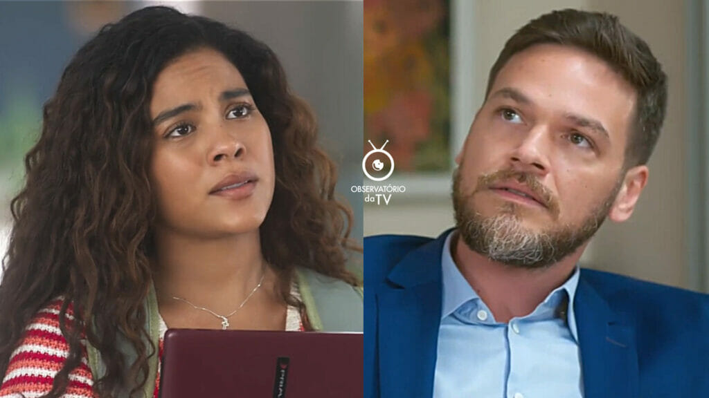 Jenifer (Bella Campos) e Theo (Emílio Dantas) em Vai na Fé